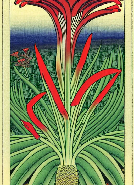 Image similar to fantasy scientific botanical trading card illustration of a colorful carnivore plant in the desert ,Ukiyo-e, isometric view, diego rivera