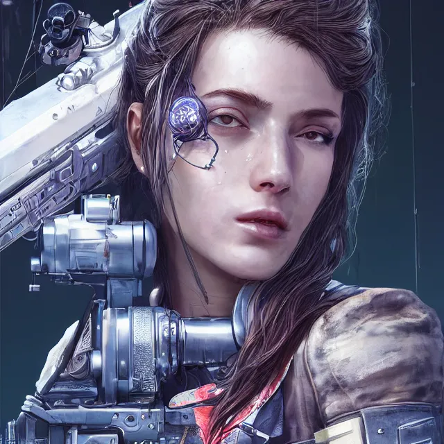 Prompt: the portrait of lawful neutral female cyberpunk infantry sniper as absurdly beautiful, gorgeous, elegant, young woman looking up, an ultrafine hyperdetailed illustration by kim jung gi, irakli nadar, intricate linework, bright colors, octopath traveler, final fantasy, unreal engine 5 highly rendered, global illumination, radiant light, detailed and intricate environment