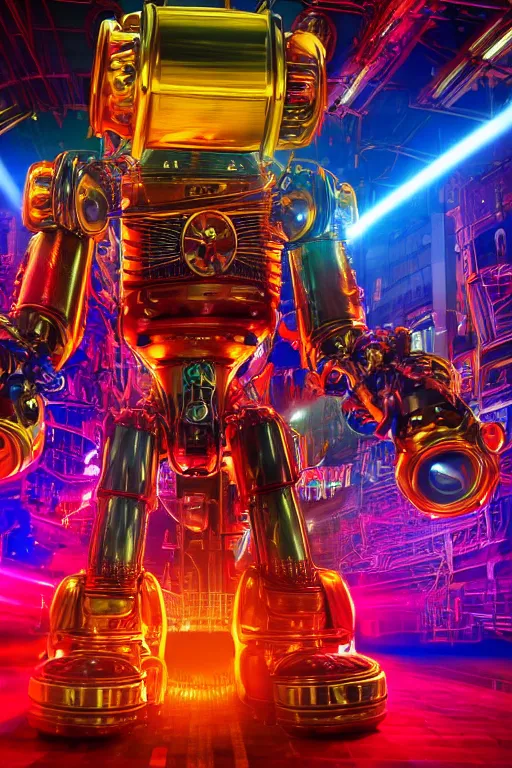 Image similar to portrait photo of a giant huge golden and blue metal futuristic steampunk robot with a red guitar covered with multicolored big gears and tubes, eyes are glowing red lightbulbs, shiny crisp finish, 3 d render, 8 k, insaneley detailed, fluorescent colors, background is multicolored lasershow