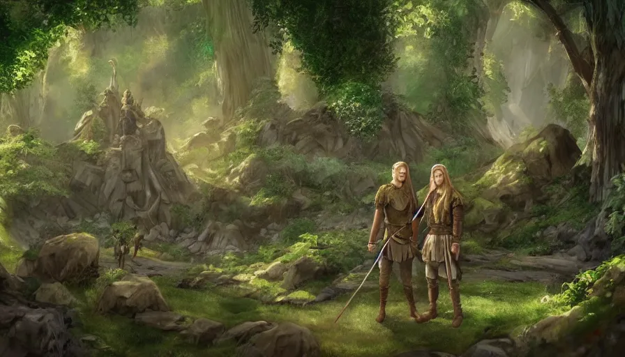 Image similar to gimli and legolas in lothlorien, being friends, artwork, artstation, beautiful setting