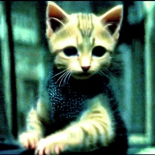 Image similar to A kitten in the matrix movie, cinematic, still from the Matrix