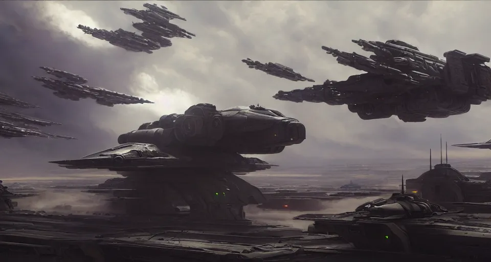 Prompt: hyper realistic sci - fi matte concept art painting of a low flying spaceship over a battlefield filled with mecha and transports, beautiful details, strong composition painted by kim jung guweta studio rutkowski, james gurney and greg rutkowski, and lucasfilm, smooth, intricate, detailed, sharp focus, cinematic