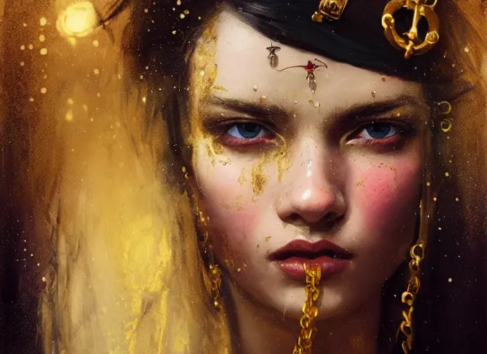 Prompt: full body picture of a pirate girl, hard breathing, messy hair, front of the treasure box, jewels and gold on the background, coveted, beautiful and aesthetic and attractive and detailed face, specular reflection, occlusion shadow, intricate, bokeh, masterpiece, by ilya kuvshinov and jeremy lipking and quentin mabille