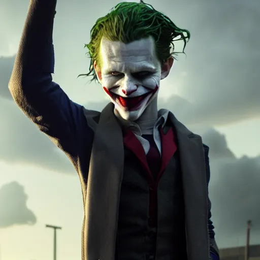 Image similar to tom holland as young joker, fine detailed face, long hair, stunning 3 d render inspired art by greg rutkowski and xiang duan and thomas eakes, realistic, highly detailed attributes and atmosphere, dim volumetric cinematic lighting, 8 k octane detailed render, post - processing, masterpiece,