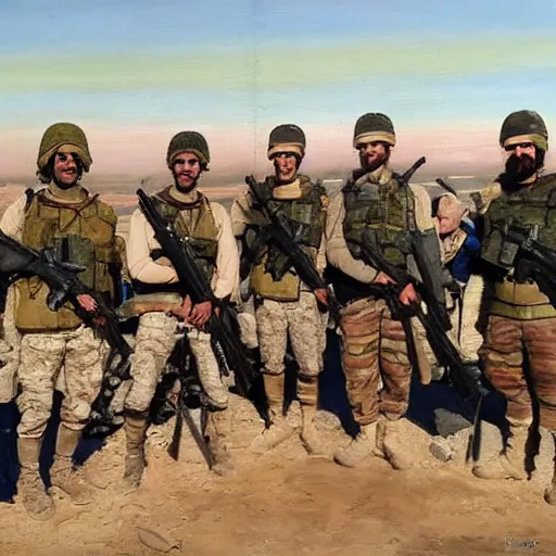 Image similar to A painting of Barney posing with ISIS soldiers in syria, detailed