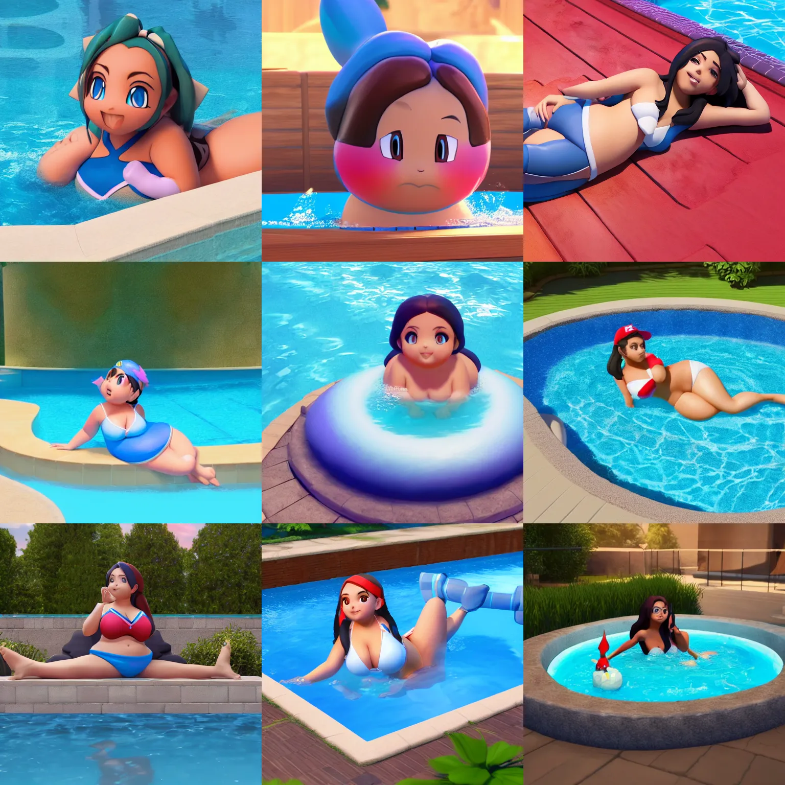 Prompt: a 3 d render of a chubby nessa from pokemon sword and shield resting in a pool after eating, high detail, 8 k resolution