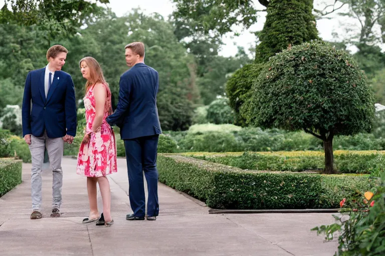 Image similar to beautiful 3 5 year old female president alone in the white house rose garden with her two boyfriends, holding hands, professional photo, dslr, bokeh, romantic