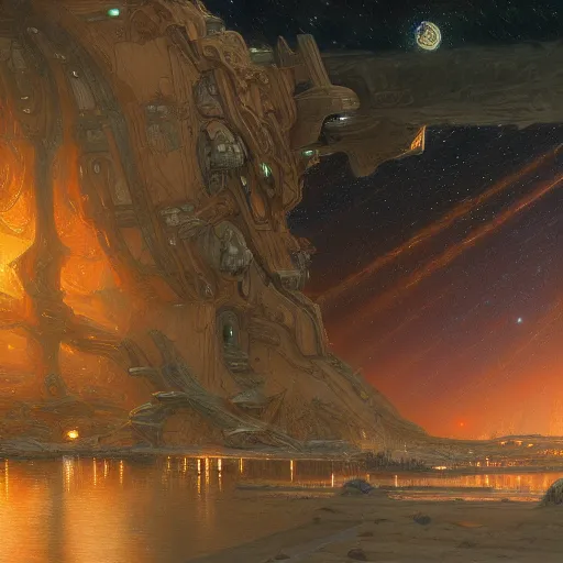 Image similar to Sci-Fi nighttime beautiful landscape art by Donato Giancola and Bayard Wu, digital art, trending on artstation, 4k