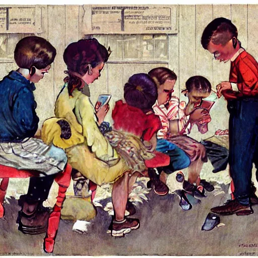 Prompt: children at a playground on smartphones, by norman rockwell