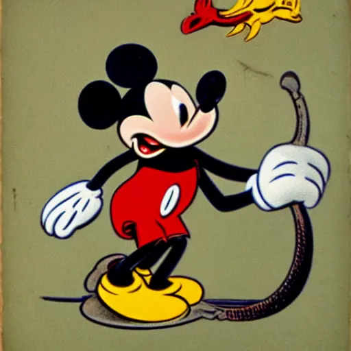 Image similar to vintage 1 9 3 0 s mickey mouse biting a bloody fish