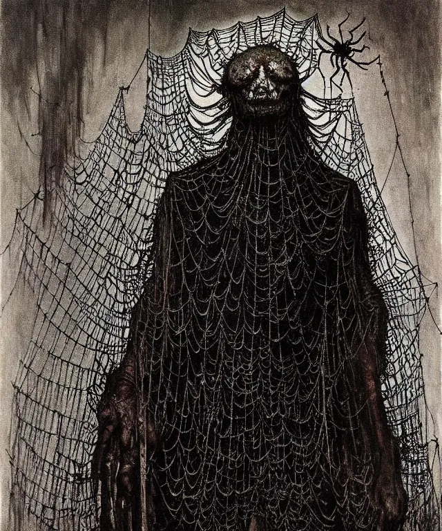 Image similar to a woman standing all covered in spiders. arachnophobia, fear of spiders, incredible number of spiders. extremely high details, many spider paws and eyes, realistic, horror, creepy, web, masterpiece, colorful art by zdzislaw beksinski, arthur rackham, dariusz zawadzki, ed binkley