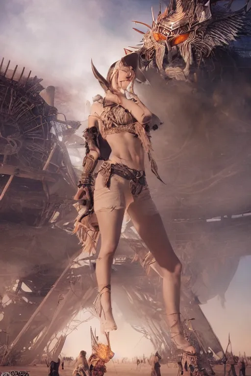 Image similar to a photo of a post apocalyptic goddess at burning man festival playa, powerful, cinematic, beautifully lit, by artgerm, by craig mullins, by galan pang, 3 d, trending on artstation, octane render, 8 k