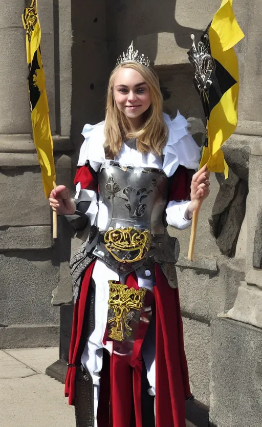 Prompt: annasophia robb wearing medieval armour, bowl haircut, holding fleur-de-lis banner