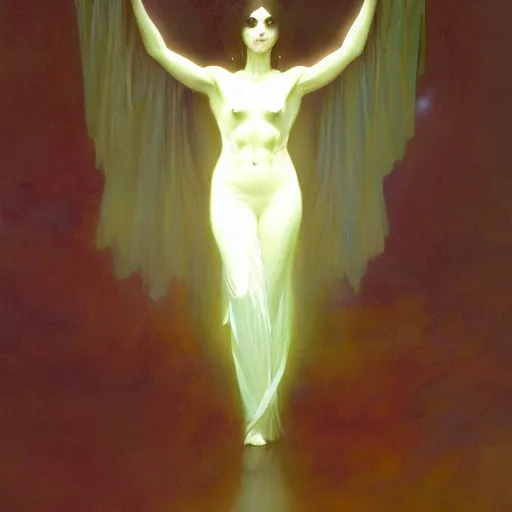 Image similar to awe-inspiring award-winning concept art painting of attractive figure in black shrouds called the ghost of the moonbow queen, rainbow, by Michael Whelan, William Adolphe Bouguereau, John Williams Waterhouse, and Donato Giancola, cyberpunk, extremely moody lighting, glowing light and shadow, atmospheric, shadowy, cinematic, 8K