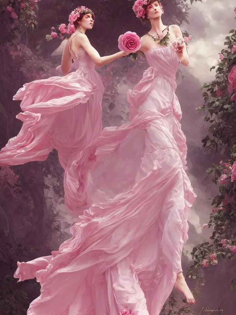 Image similar to !!beautiful!! woman dressed in a vaporous wrapped large victorian pink roses silk semi-transparent dress fashion is running, fantasy, intricate, elegant, highly detailed, digital painting, trending on artstation, concept art, matte, sharp focus, illustration, art by Artgerm and Greg Rutkowski and Alphonse Mucha