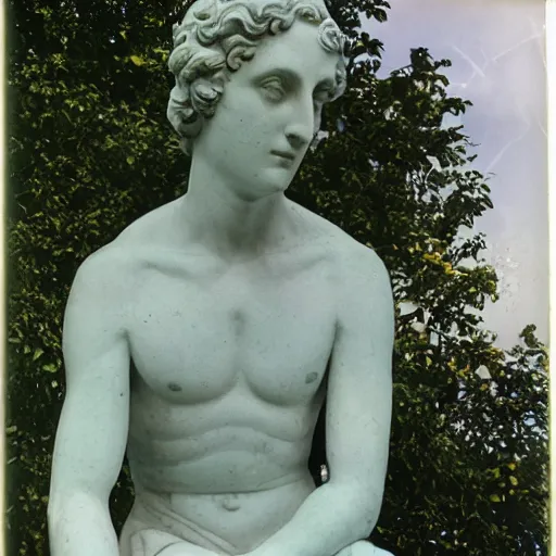 Image similar to a close-up color studio photo of an antic marble statue of Evgeniy Shwartz, surrounding by foliage, dreamy autochrome pinhole photography,