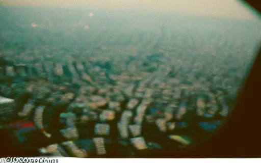 Image similar to A Filipino teenager flying above Metro Manila, wide shot, 35mm film, ethereal, by Iwai Shunji