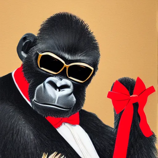 Image similar to a ukiyo style painting of a gorilla wearing a gold chain and wearing shades and wearing a nice black tuxedo wearing a red bow tie, highly detailed, 8 k, concept art,