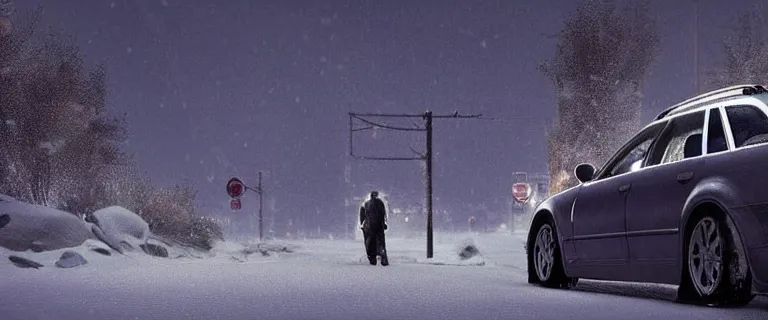 Image similar to Audi A4 B6 Avant (2002), a gritty neo-noir, dramatic lighting, cinematic, eerie person, death, homicide, homicide in the snow, gunshots, establishing shot, extremely high detail, photorealistic, cinematic lighting, artstation, by simon stalenhag, Max Payne (PC) (2001) winter New York at night, In the style of Max Payne 2 graphic novel, flashing lights, Poets of the Fall - Late Goodbye