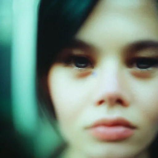 Prompt: a close-up of a gorgeous woman’s face looking at the camera with a mix of desperation and awe, soft blurred city background, captured in low light and sharp focus, cinestill 800t