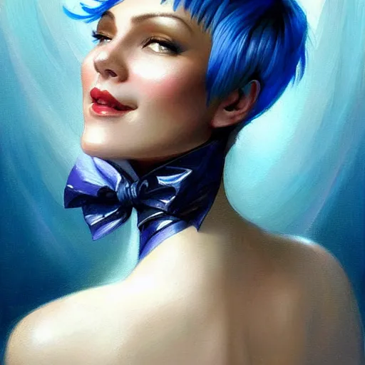 Image similar to a beautiful painting of a smiling woman with stylish short blue hair and sparkling blue eyes representative of the art style of artgerm and wlop and peter mohrbacher