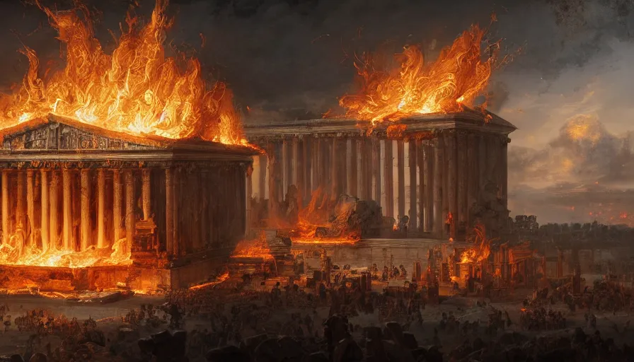 Image similar to Baroque painting of a gigantic Roman temple on fire, hyperdetailed, artstation, cgsociety, 8k