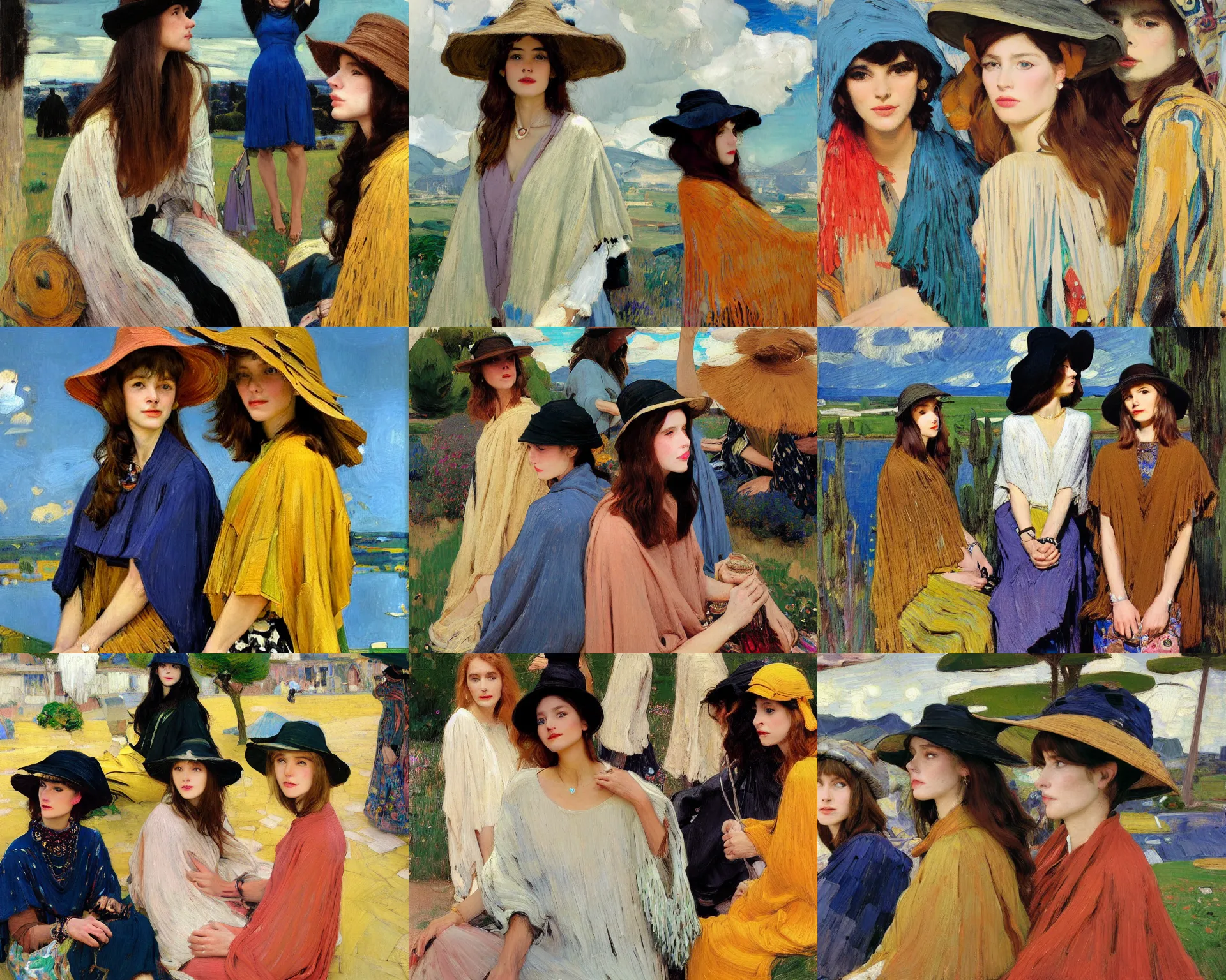 Prompt: portrait of group of fashionable young womans wearing rich jewerly hat and boho poncho, concrete hitech interior, 1970s fashion, sitting dynamic pose, Low poly, thunder clouds in the sky, artwork by Joaquin Sorolla and john william waterhouse and Denis Sarazhin and klimt and rhads and van gogh and Dean Ellis and Detmold Charles Maurice, levitation, industrial rusty pipes, simple form, brutal shapes