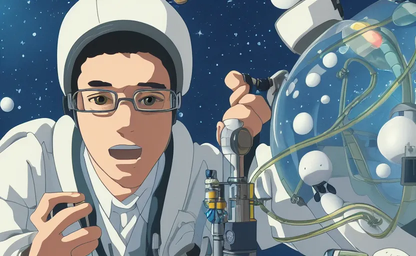 Prompt: a film still portrait of a nerdy scientist rocketing in a hallway cubic snake bubble, finely detailed features, closeup at the faces, chronenberg, perfect art, grimdark, trending on pixiv fanbox, painted by studio ghibli