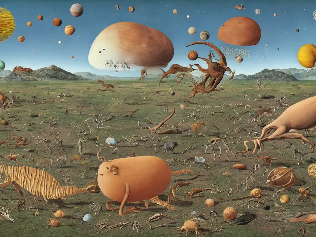 Prompt: fauna on venus ten million years ago. painting by walton ford, codex seraphinianus