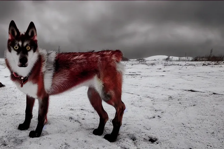 Prompt: a award winning photograph of a very scary! red husky, drooling, looking away from the camera. distinct red eyes clearly visible. the whole husky is visible in frame. anatomically correct husky. polar setting, red horror eyes, wasteland background, ominous sky. octane render, extreme detail, super symmetrical photograph, 8 k
