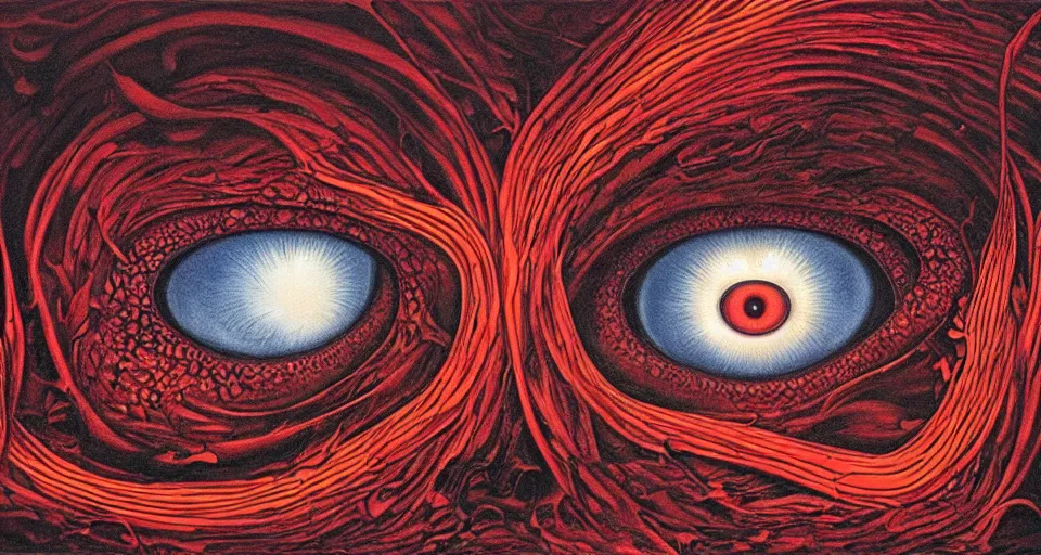 Prompt: a volcano made of ivory vines and crimson rocks enters in eruption, it spits a smoke in the shape of demonic eye, by Alex Grey ,