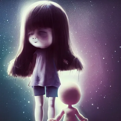 Prompt: a little alien girl with big sad black eyes and long hair holds a doll in her hands, sci - fi, 3 d, mysterious atmosphere, photorealistic, ultradetails