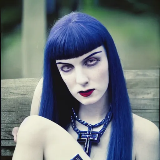 Image similar to close-up, color slide, Kodak Ektachrome E100, studio photographic portrait of Death as a young attractive, pale girl, gorgeous face, wears Egyptian Ankh Cross Pendant Necklace, Neo-Gothic looking, sits at a bench in a public park, intricate, elegant, blue hour, casual, lifelike, realistic, punk, Nikon camera, 75mm lens, f/2.8 aperture, HD, deep depth of field, sharp focus, rich deep moody colors, masterpiece image, highly detailed, Shutterstock, Curated Collections, Sony World Photography Awards, Pinterest, by Annie Leibovitz