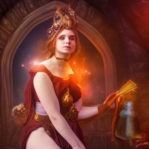 Image similar to beautiful female mage is impressed while looking at the camera , comedy , fantasy, D&D, HDR, natural lighting , award winning photograph, 8k, Mucha style,