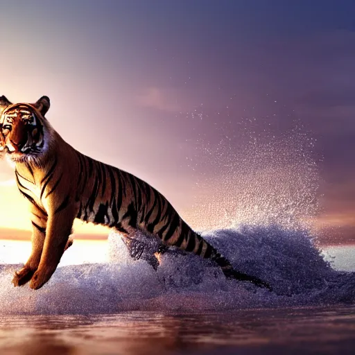 Image similar to a closeup photorealistic photograph of a cute tiger kangaroo hybrid splashing in the surf during sunset. professional capture, well lit shot. this 4 k hd image is trending on artstation, featured on behance, well - rendered, extra crisp, features intricate detail, epic composition and the style of unreal engine.