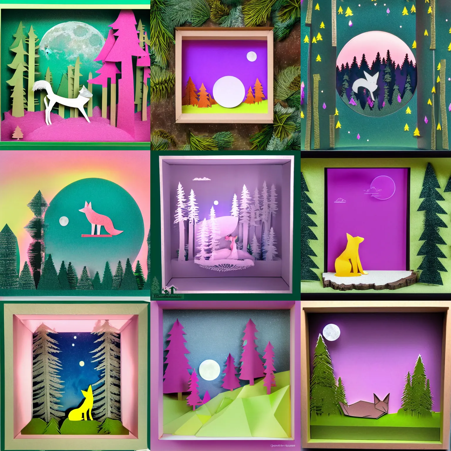 Prompt: a chartreuse fox in a forest of pink pine trees, moon with light rays in the sky, 3d flat layered paper shadow box