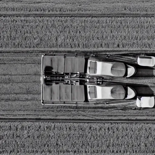 Image similar to a birds - eye view monochromatic sepia photograph of a delorean in a line of covered wagons and cattle,