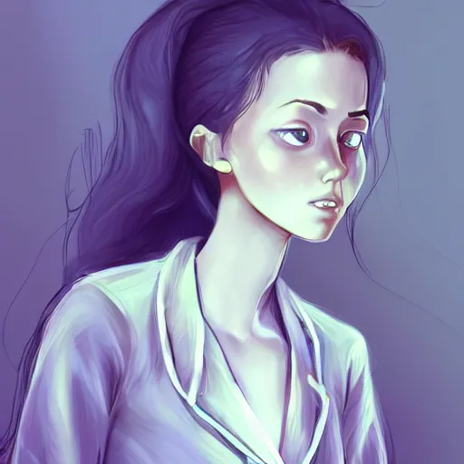 Prompt: tired girl in pyjamas working on computer, tired eyes, digital art, drawing, artstation