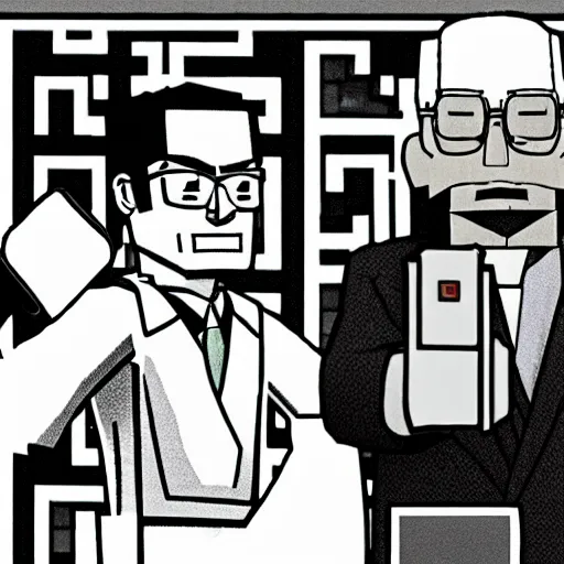 Image similar to photography of phoenix wright doing a selfie with walter white in minecraft, black and white, dark, clear