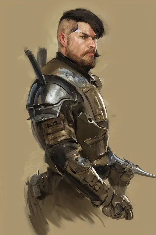 Image similar to a professionally painted portrait of John TotalBiscuit Bain, clothed in military armor, olive skin, long dark hair, beautiful bone structure, symmetrical facial features, intricate, elegant, digital painting, trending on Artstation, concept art, smooth, sharp focus, illustration, from Metal Gear by Ruan Jia and Mandy Jurgens and Artgerm and William-Adolphe Bouguerea, award winning