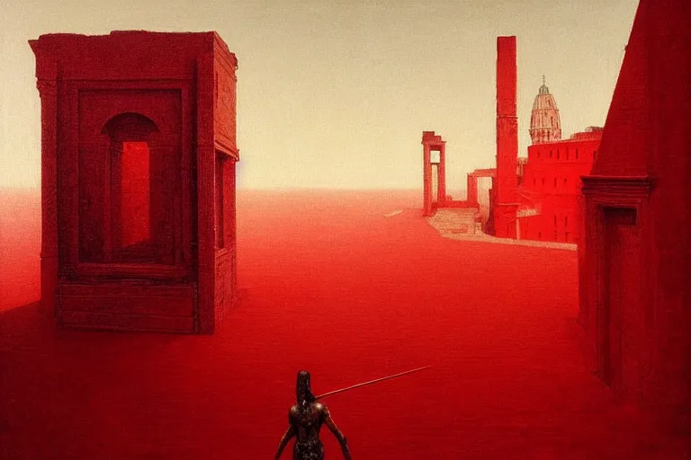 Image similar to only with red, caesar after war, a red tiger, in hoc signo vinces, rome in background, an ancient path, in the style of beksinski, part by hopper, part by rodcenko, part by hofbauer, intricate composition, red by caravaggio, insanely quality, highly detailed, masterpiece, red light, artstation