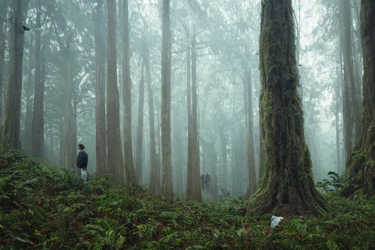 Prompt: a giants perspective of tourists taking a photo of it, lush forest, foggy, cinematic shot, photo still from movie by denis villeneuve