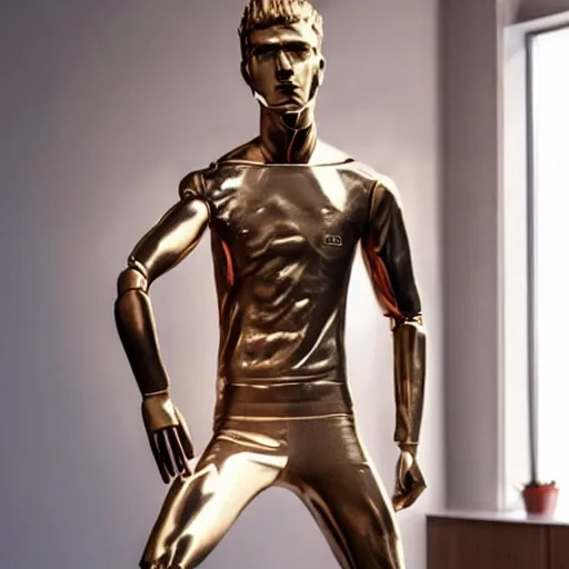 Image similar to a realistic detailed photo of a guy who is an attractive humanoid who is half robot and half humanoid, who is a male android, soccer player timo werner, shiny skin, posing like a statue, blank stare, in a living room, on display, showing off his muscles, gold soccer shorts