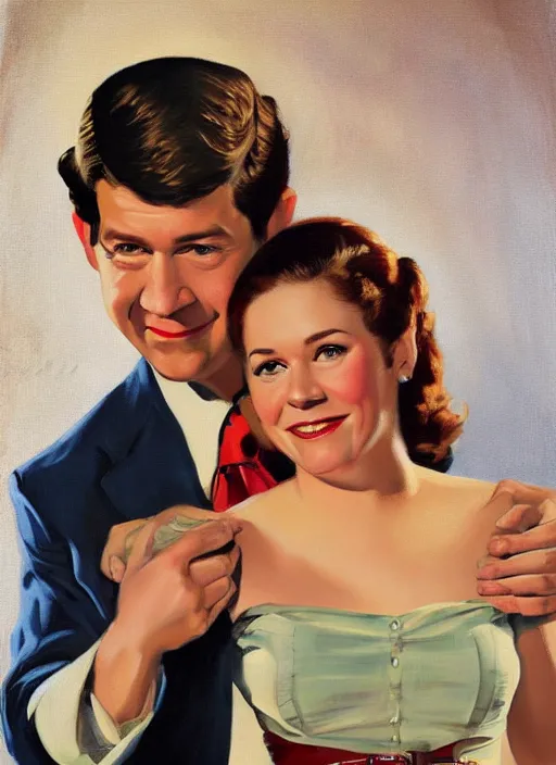 Prompt: portrait painting of jim halpert and pam beesly, dark background, in the style of gil elvgren