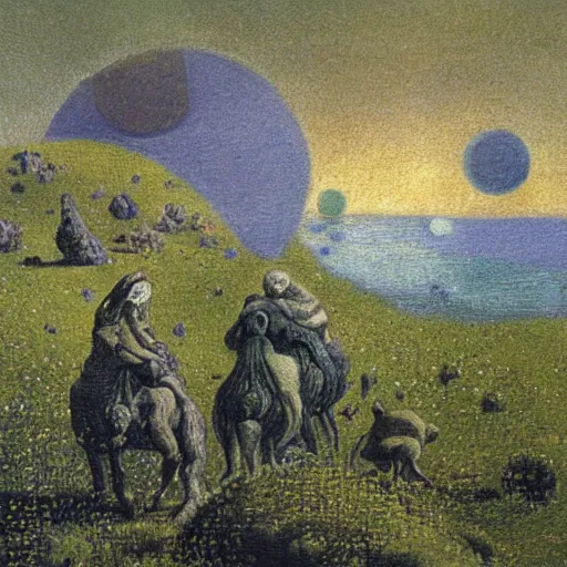 Image similar to a beautiful alien planet with plants and strange animals. Oil painting in the style of Segantini.