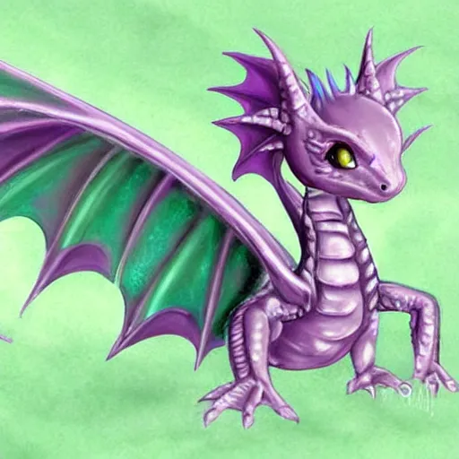 Image similar to adorable baby dragon, the dragon is purple and glittery, big eyes, fantasy concept art, pastels, ethereal fairytale, kawaii