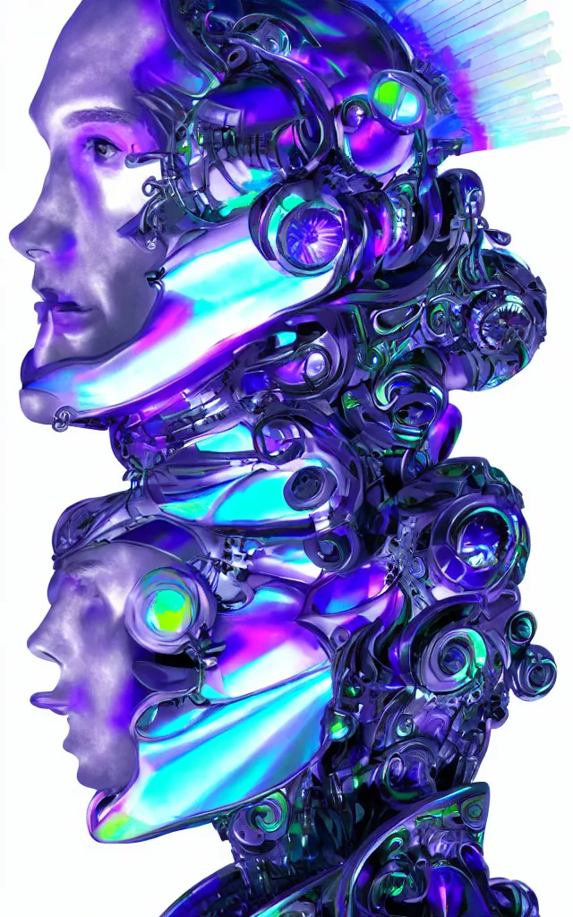 Prompt: iridescent cyborg prince of the machine god, lunar mythos future perfect, award winning digital art