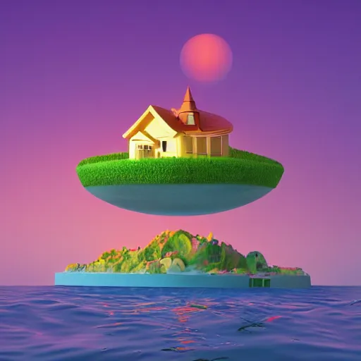 Image similar to a picture of a floating island with a house on it, an album cover by Justin Currie, polycount, plasticien, made of plastic, concert poster, made of trash