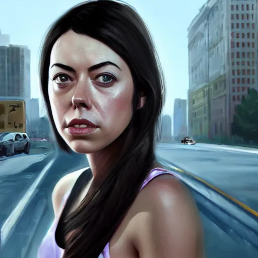 Prompt: screenshot of aubrey plaza in gta v, realistic painting, high definition, digital art, matte painting, very detailed, concept art, pixiv, deviantart, artstation, illustration, realistic