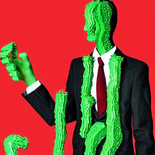 Image similar to a tall man in a suit, the man is made out of pickles, surreal, highly detailed